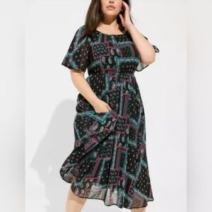 Torrid Women's Black With Pink and Green Paisley Print Midi Dress SIZE 2